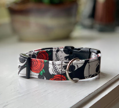 Rosey Skull Dog Collar- Martingale- Quick Release- No Buckle Slide- Leash- Handmade Dog Collars