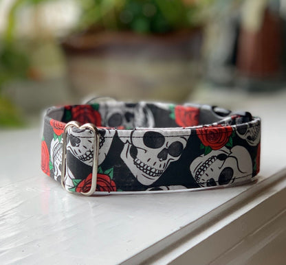 Rosey Skull Dog Collar- Martingale- Quick Release- No Buckle Slide- Leash- Handmade Dog Collars