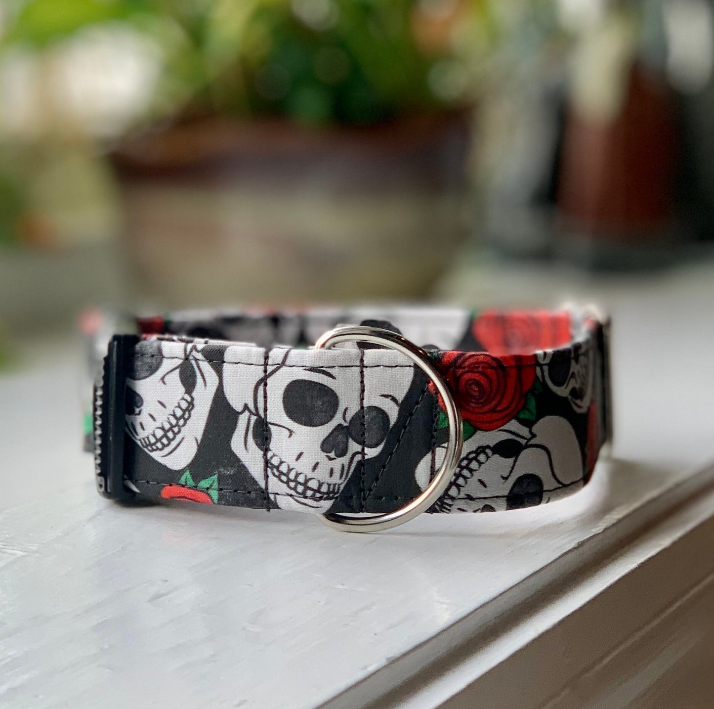 Rosey Skull Dog Collar- Martingale- Quick Release- No Buckle Slide- Leash- Handmade Dog Collars