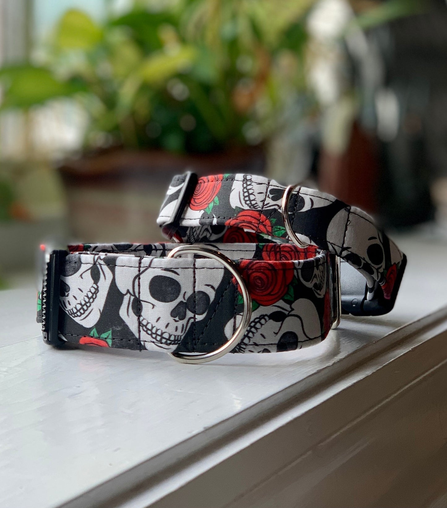 Rosey Skull Dog Collar- Martingale- Quick Release- No Buckle Slide- Leash- Handmade Dog Collars