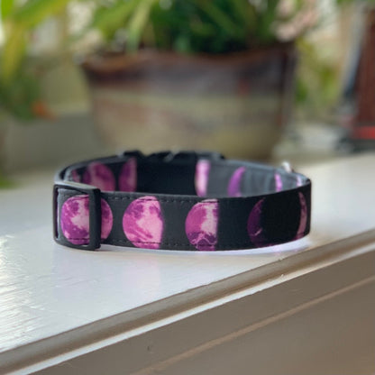 Purple Moon Phase Dog Collar- Martingale- Quick Release- No Buckle Slide- Leash- Handmade Dog Collars