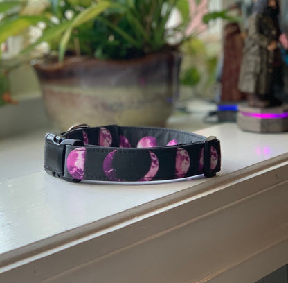 Purple Moon Phase Dog Collar- Martingale- Quick Release- No Buckle Slide- Leash- Handmade Dog Collars