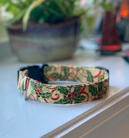 Christmas Holly Dog Collar- Martingale- Quick Release- No Buckle Slide- Leash- Handmade Dog Collars