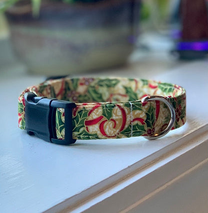 Christmas Holly Dog Collar- Martingale- Quick Release- No Buckle Slide- Leash- Handmade Dog Collars