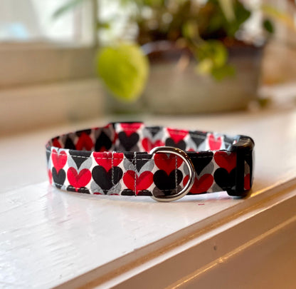 Triple Hearts Dog Collar- Martingale- Quick Release- No Buckle Slide- Leash- Handmade Dog Collars