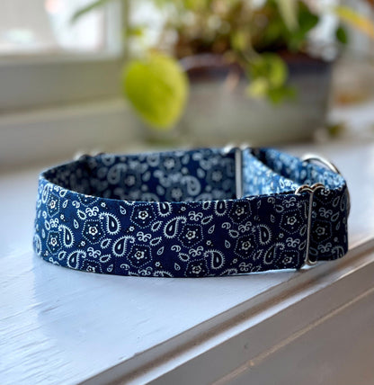 Blue Bandana Dog Collar- Martingale- Quick Release- No Buckle Slide- Leash- Handmade Dog Collars