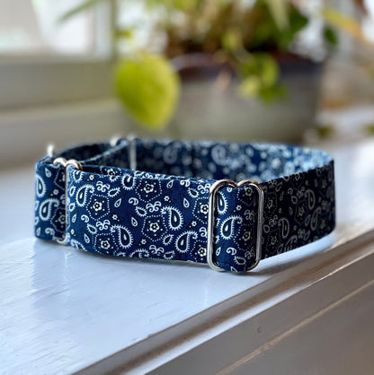 Blue Bandana Dog Collar- Martingale- Quick Release- No Buckle Slide- Leash- Handmade Dog Collars