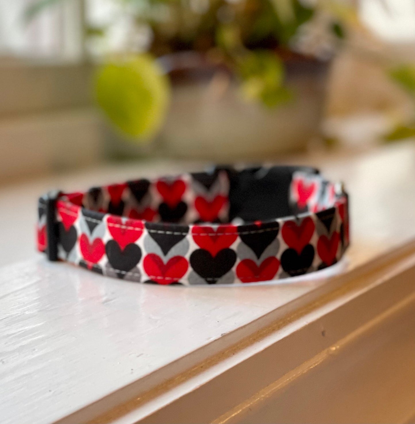 Triple Hearts Dog Collar- Martingale- Quick Release- No Buckle Slide- Leash- Handmade Dog Collars