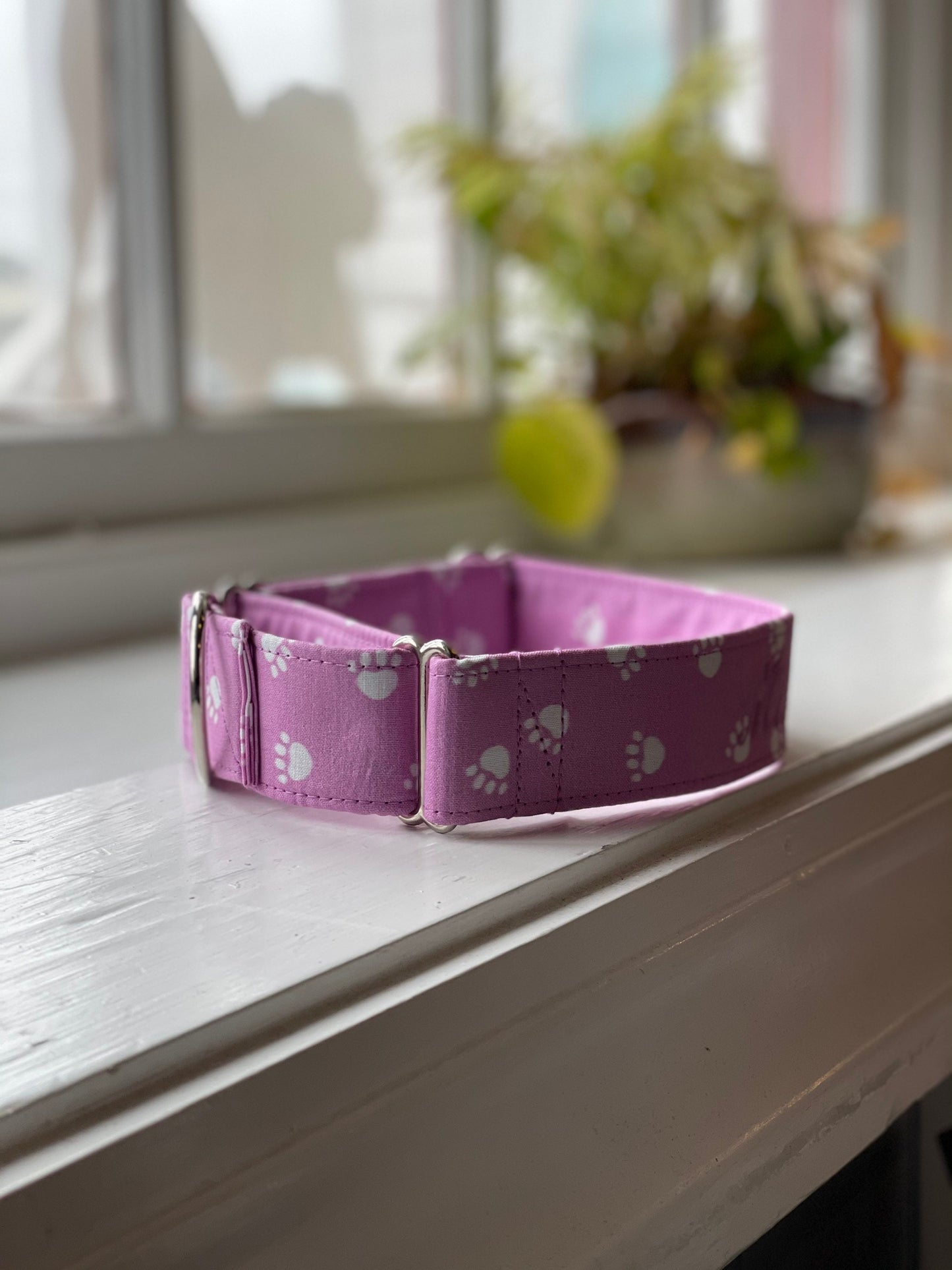 Purple with Paw Prints Dog Collar- Martingale- Quick Release- No Buckle Slide- Leash- Handmade Dog Collars