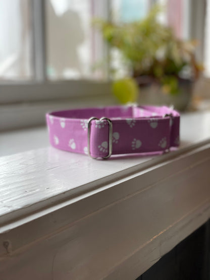 Purple with Paw Prints Dog Collar- Martingale- Quick Release- No Buckle Slide- Leash- Handmade Dog Collars