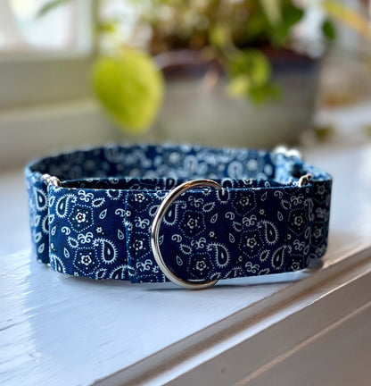 Blue Bandana Dog Collar- Martingale- Quick Release- No Buckle Slide- Leash- Handmade Dog Collars