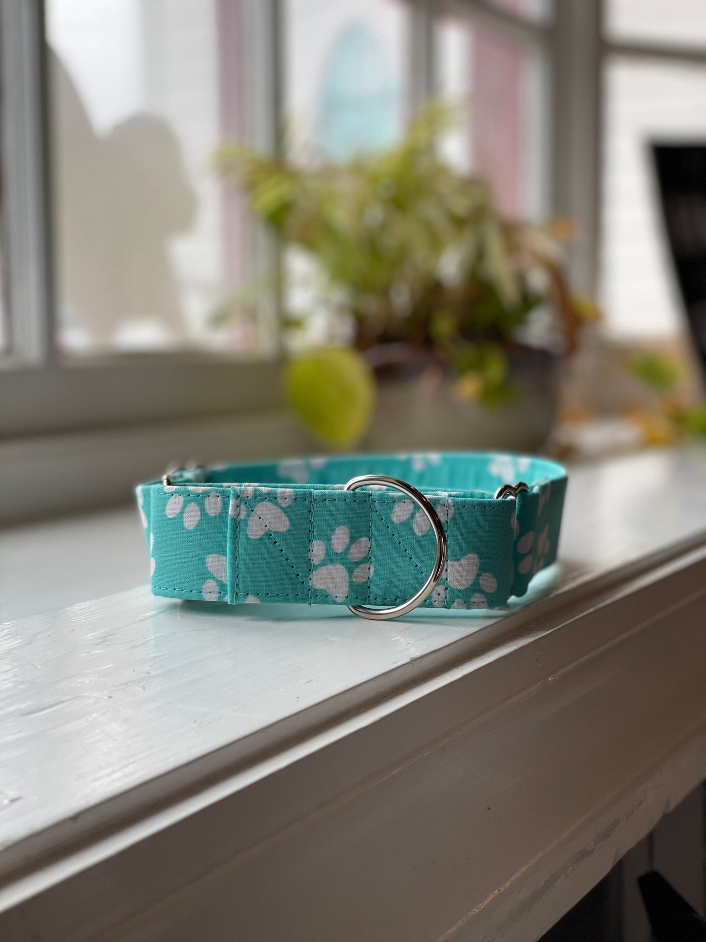 Teal with Paw Prints Dog Collar- Martingale- Quick Release- No Buckle Slide- Leash- Handmade Dog Collars