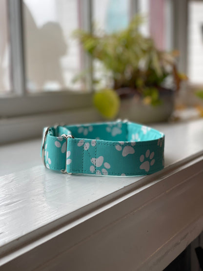 Teal with Paw Prints Dog Collar- Martingale- Quick Release- No Buckle Slide- Leash- Handmade Dog Collars