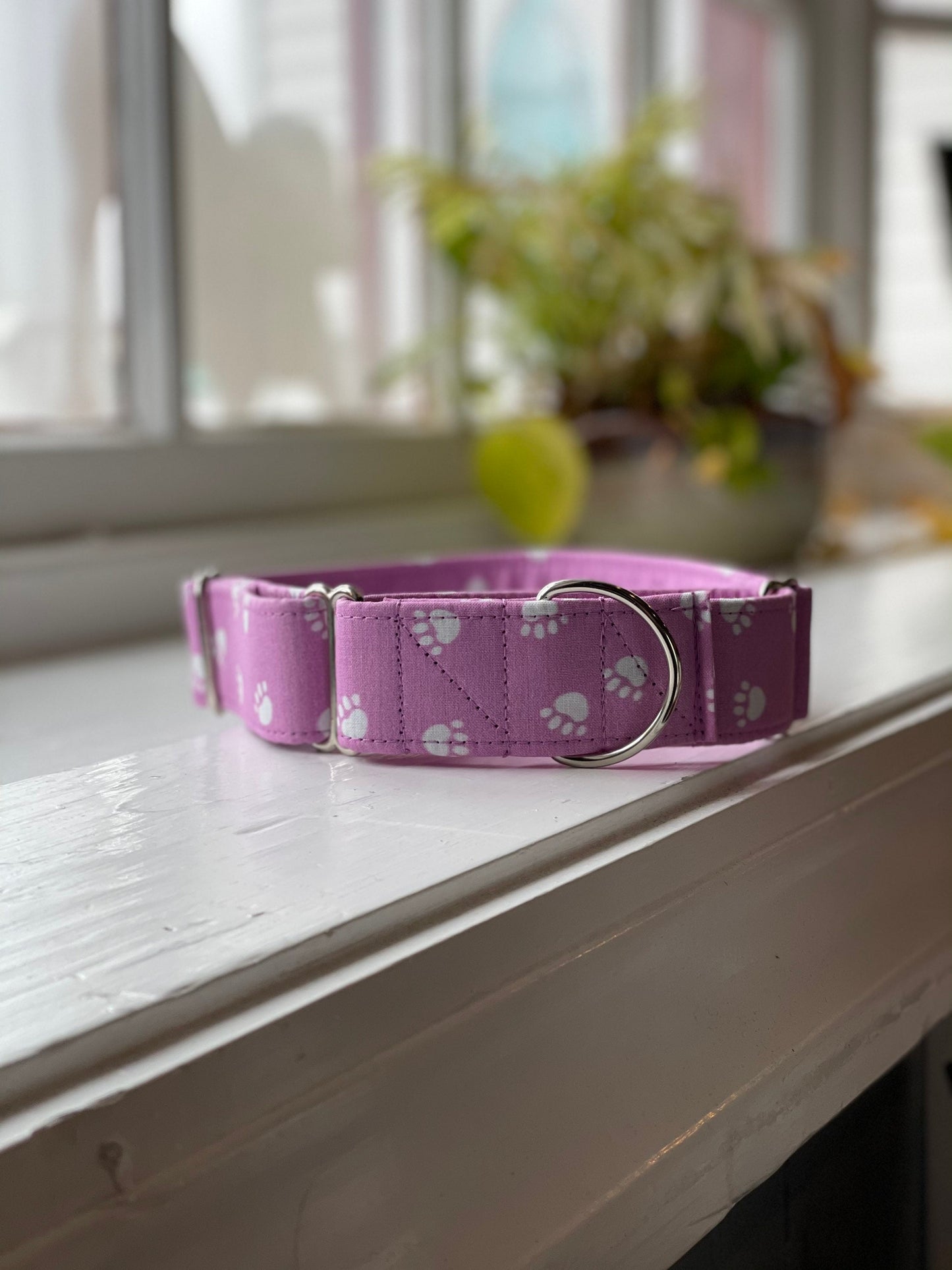 Purple with Paw Prints Dog Collar- Martingale- Quick Release- No Buckle Slide- Leash- Handmade Dog Collars