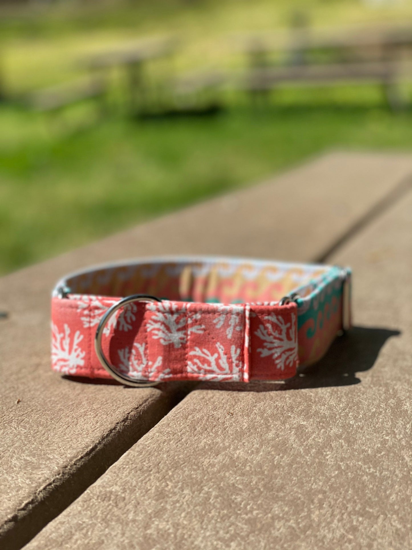 Coral Waves Dog Collar- Martingale- Quick Release- No Buckle Slide- Leash- Handmade Dog Collars