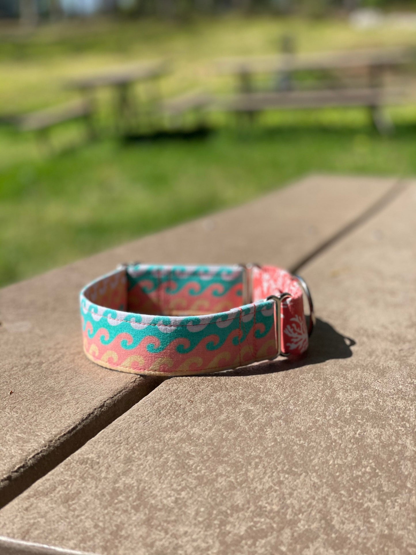 Coral Waves Dog Collar- Martingale- Quick Release- No Buckle Slide- Leash- Handmade Dog Collars