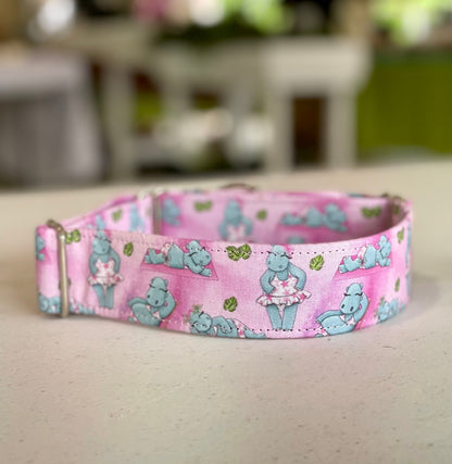 Summer Hippos Dog Collar- Martingale- Quick Release- No Buckle Slide- Leash- Handmade Dog Collars