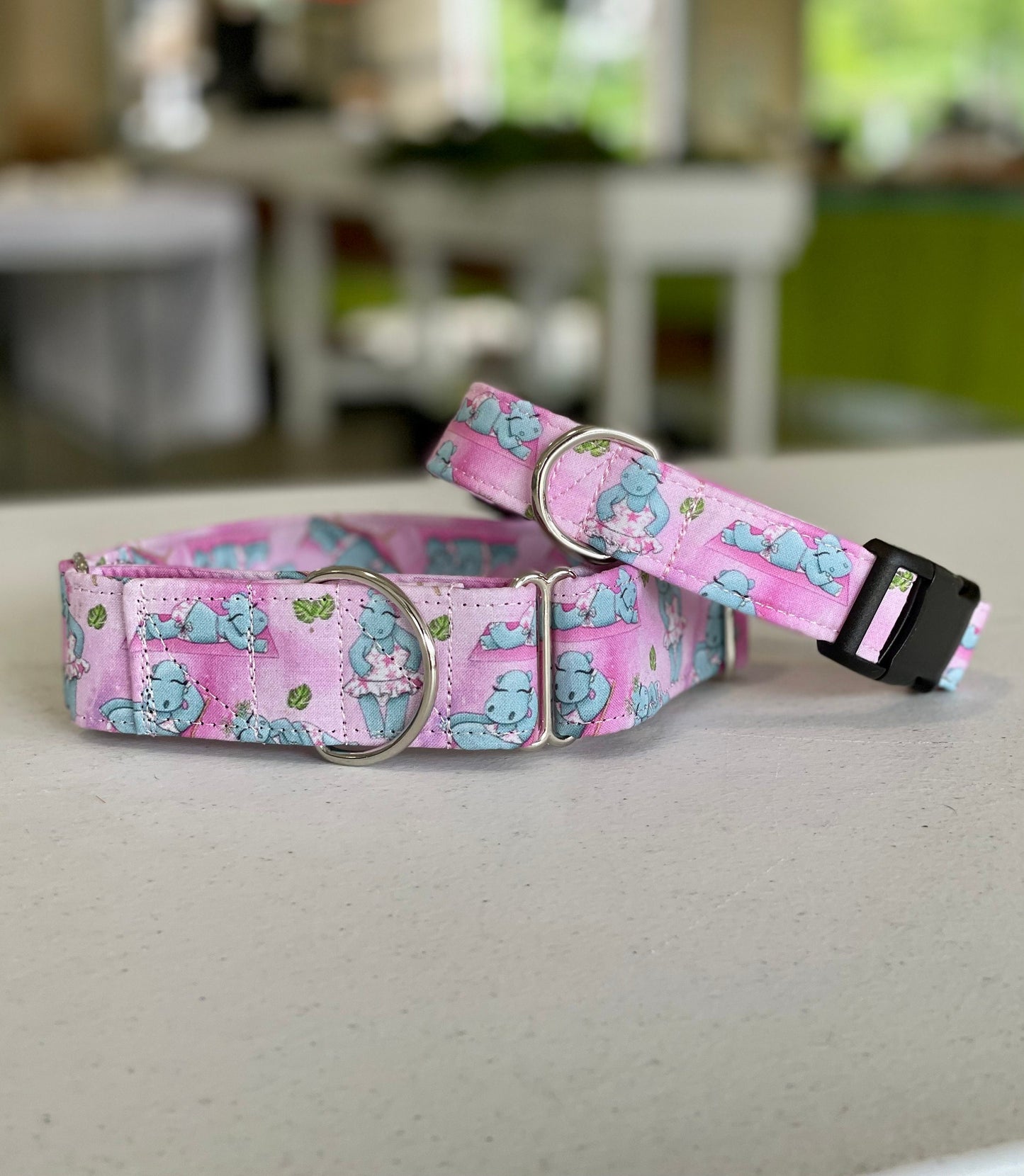 Summer Hippos Dog Collar- Martingale- Quick Release- No Buckle Slide- Leash- Handmade Dog Collars