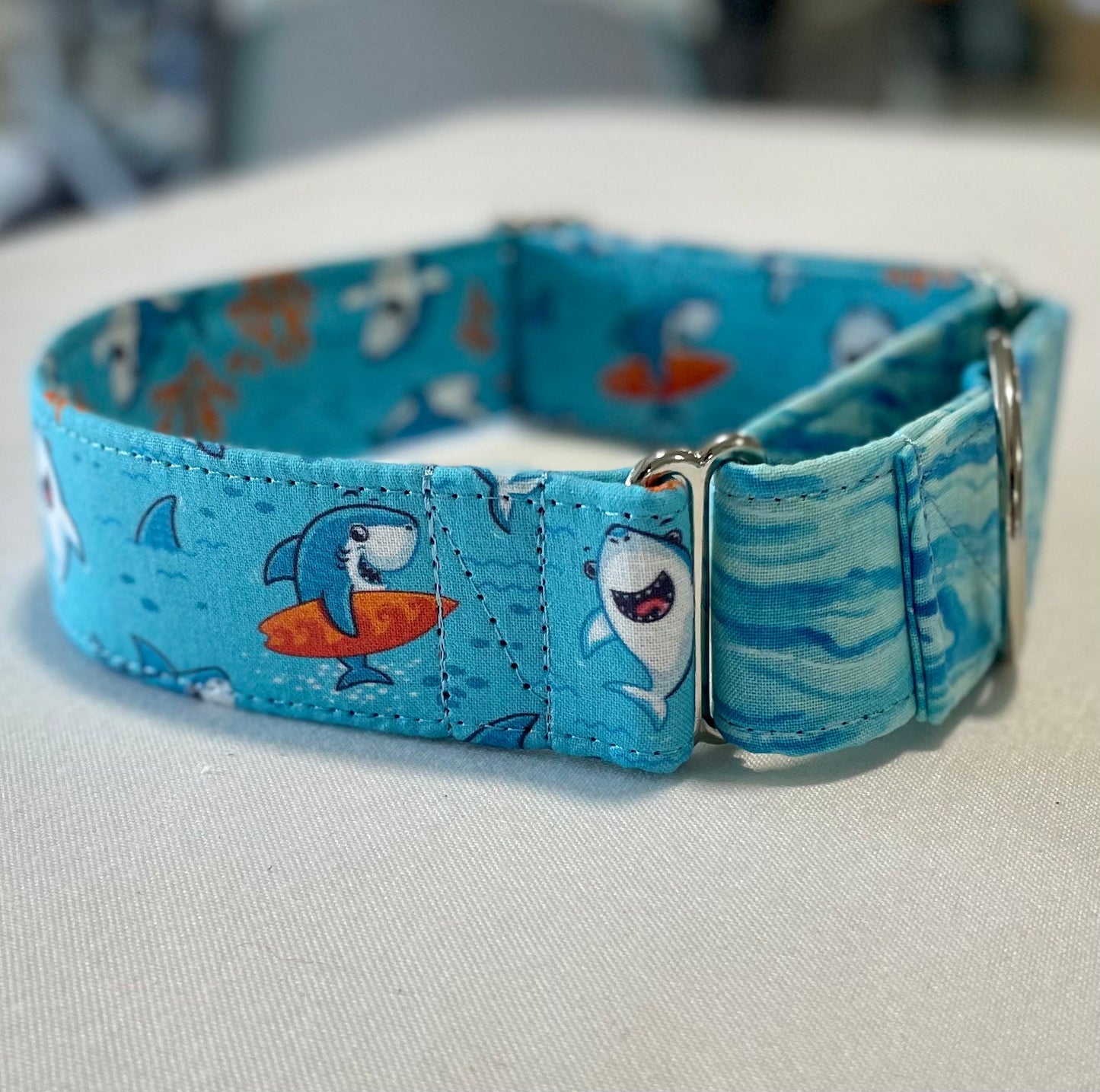 Summer Sharks Dog Collar- Martingale- Quick Release- No Buckle Slide- Leash- Handmade Dog Collars