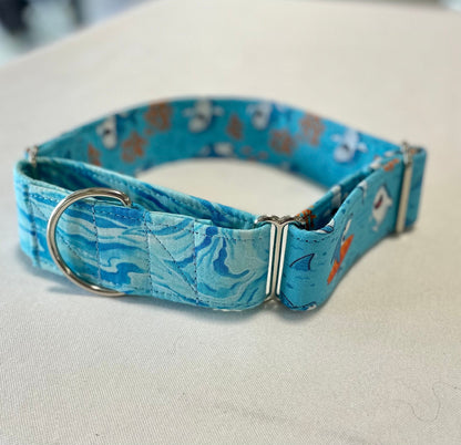 Summer Sharks Dog Collar- Martingale- Quick Release- No Buckle Slide- Leash- Handmade Dog Collars