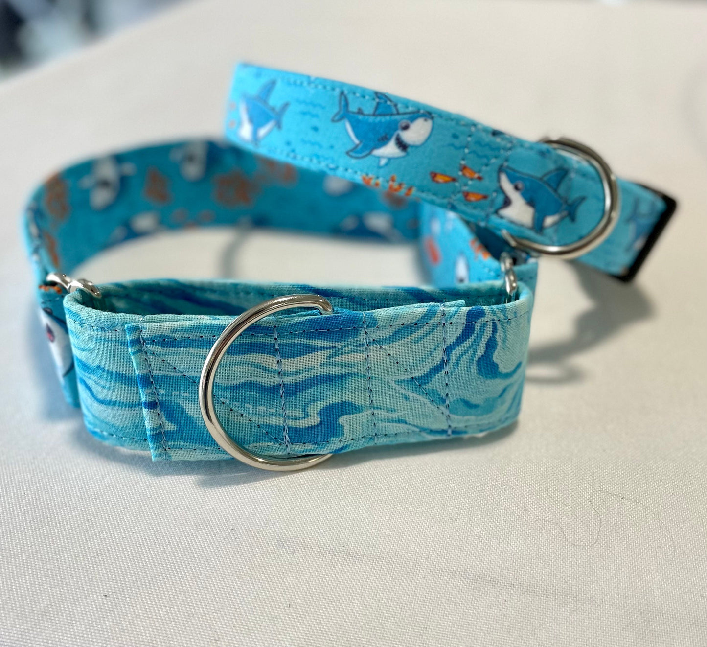 Summer Sharks Dog Collar- Martingale- Quick Release- No Buckle Slide- Leash- Handmade Dog Collars