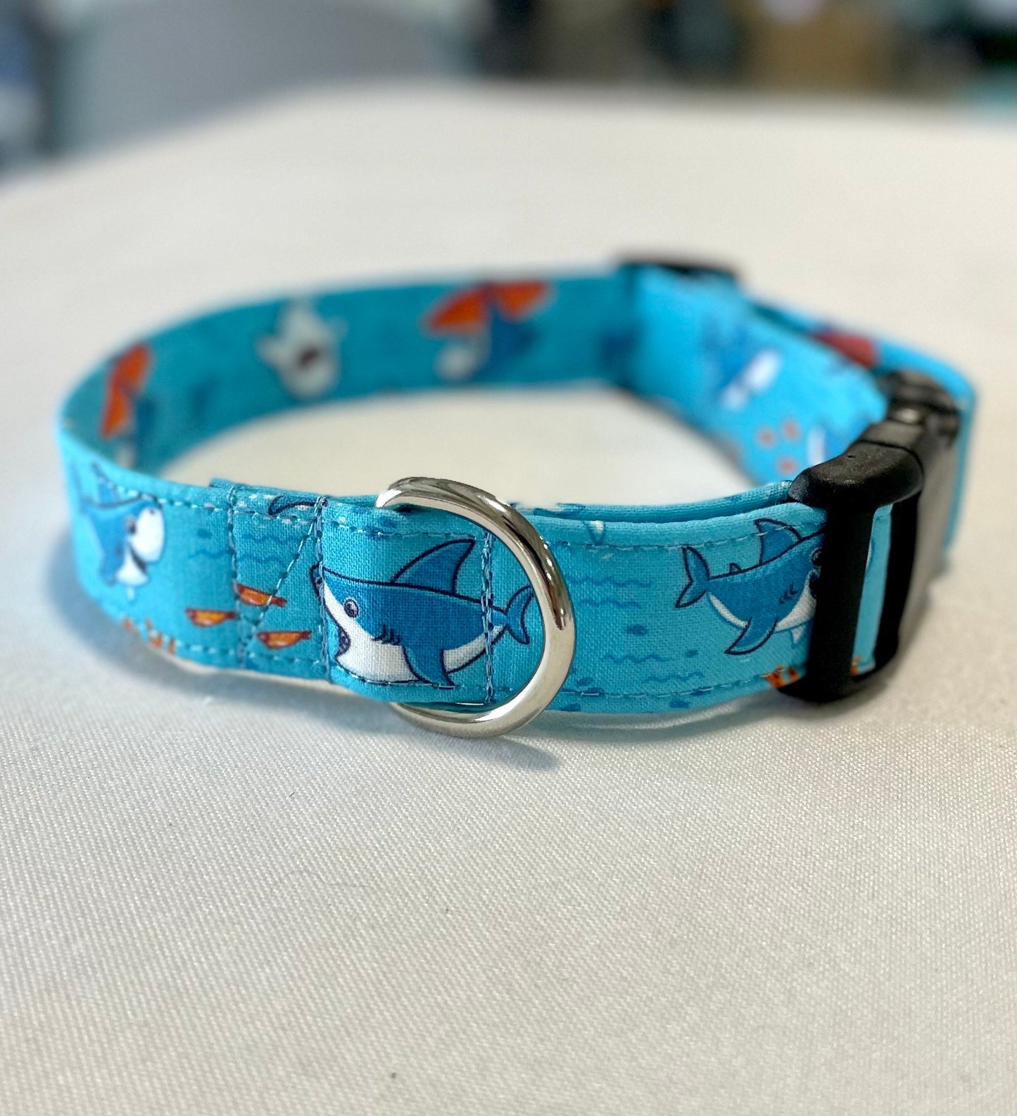 Summer Sharks Dog Collar- Martingale- Quick Release- No Buckle Slide- Leash- Handmade Dog Collars