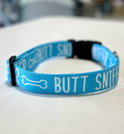 Butt Sniffer- Blue Dog Collar- Martingale- Quick Release- No Buckle Slide- Leash- Handmade Dog Collars