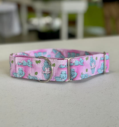 Summer Hippos Dog Collar- Martingale- Quick Release- No Buckle Slide- Leash- Handmade Dog Collars