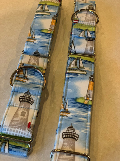 Ocracoke Lighthouse Dog Collar- Martingale- Quick Release- No Buckle Slide- Leash- Handmade Dog Collars