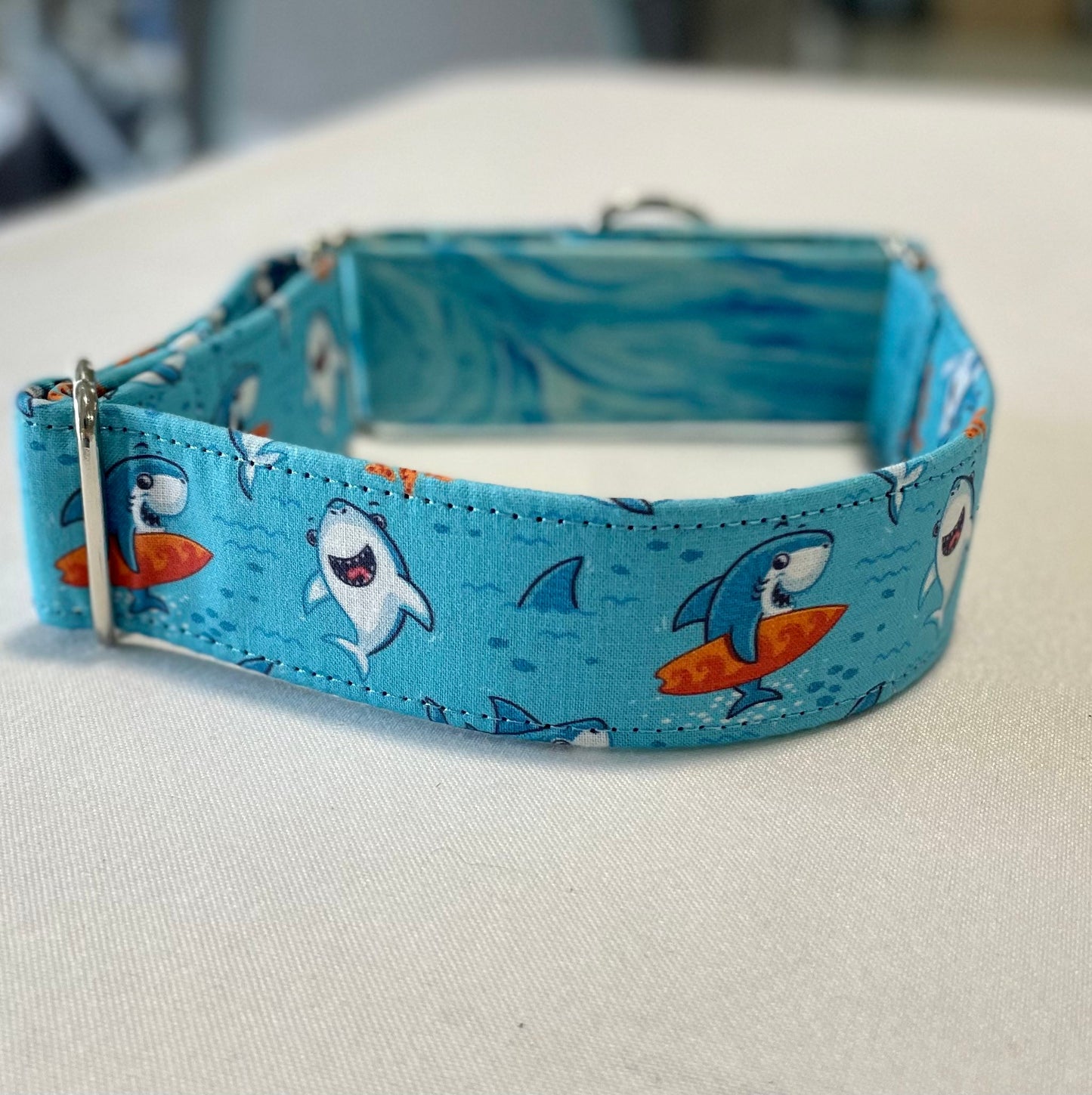 Summer Sharks Dog Collar- Martingale- Quick Release- No Buckle Slide- Leash- Handmade Dog Collars