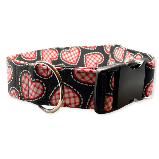 Gingham Hearts Dog Collar- Martingale- Quick Release- No Buckle Slide- Leash- Handmade Dog Collars