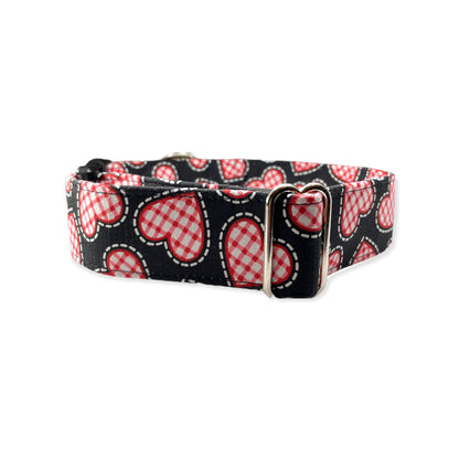 Gingham Hearts Dog Collar- Martingale- Quick Release- No Buckle Slide- Leash- Handmade Dog Collars