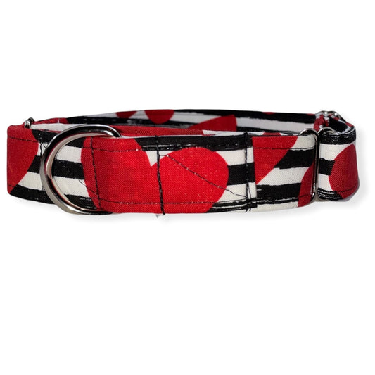 Hearts and Stripes Dog Collar- Martingale- Quick Release- No Buckle Slide- Leash- Handmade Dog Collars