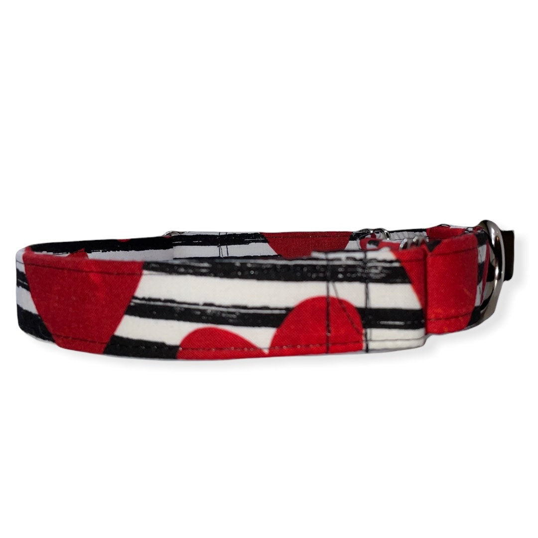 Hearts and Stripes Dog Collar- Martingale- Quick Release- No Buckle Slide- Leash- Handmade Dog Collars