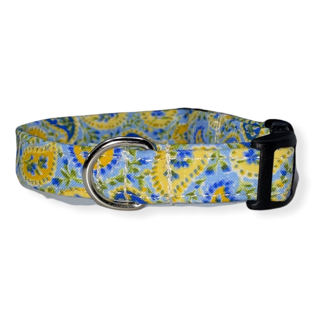 Blue and Yellow Paisley Dog Collar- Martingale- Quick Release- No Buckle Slide- Leash- Handmade Dog Collars