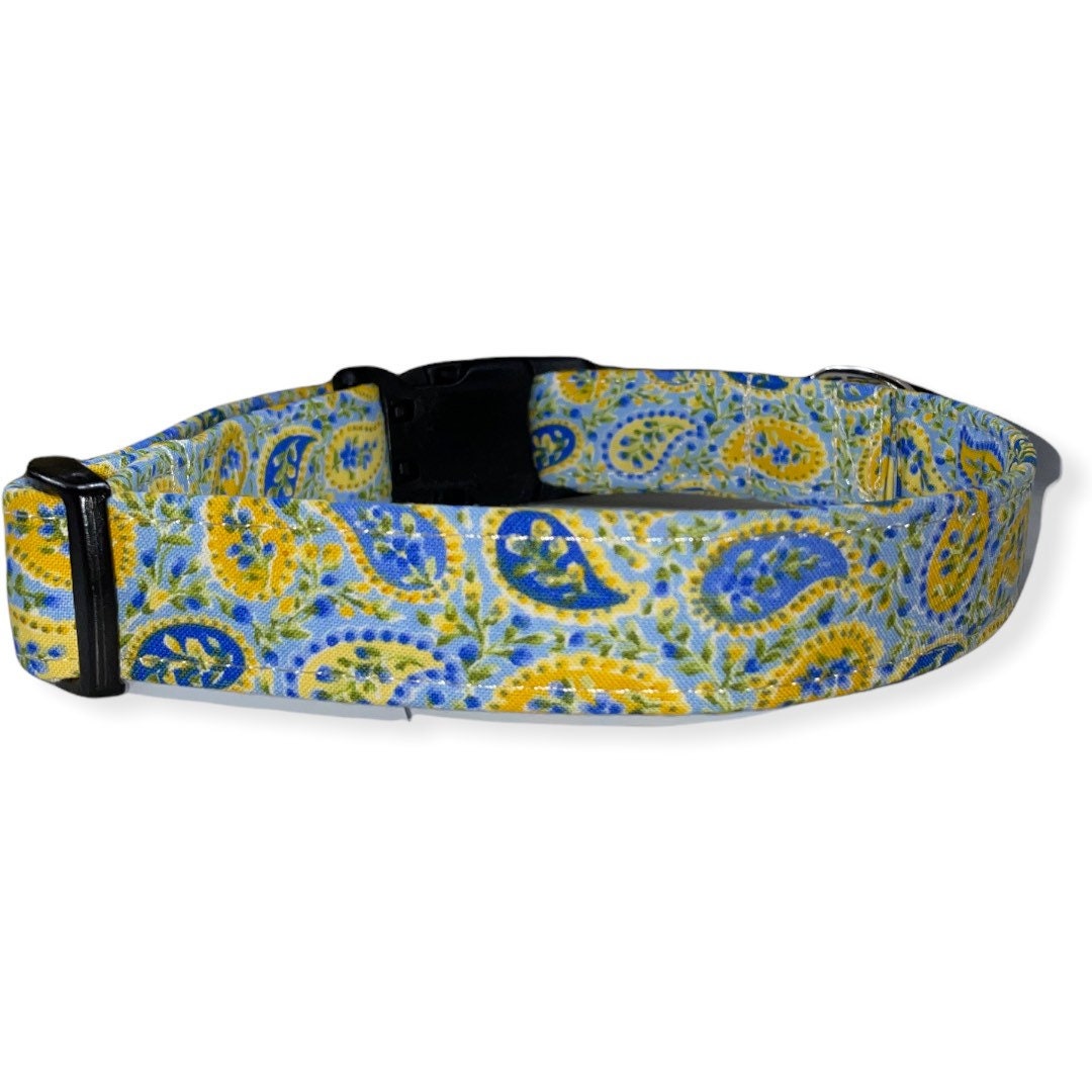 Blue and Yellow Paisley Dog Collar- Martingale- Quick Release- No Buckle Slide- Leash- Handmade Dog Collars