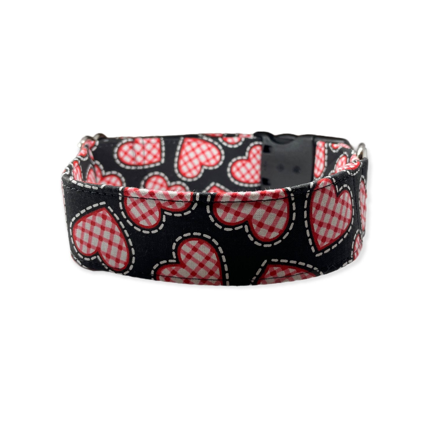 Gingham Hearts Dog Collar- Martingale- Quick Release- No Buckle Slide- Leash- Handmade Dog Collars