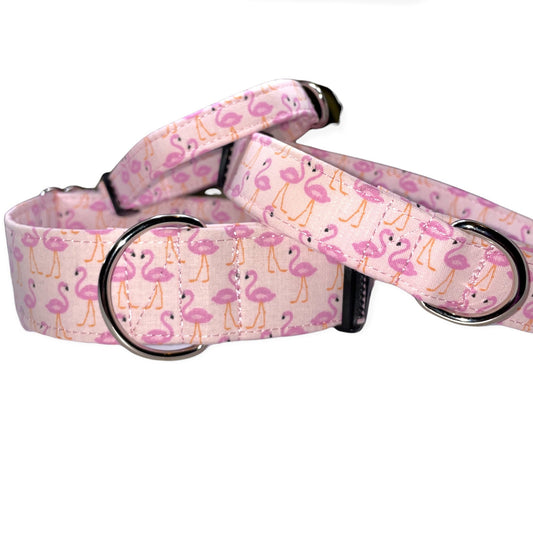 Pink Flamingos Dog Collar- Martingale- Quick Release- No Buckle Slide- Leash- Handmade Dog Collars