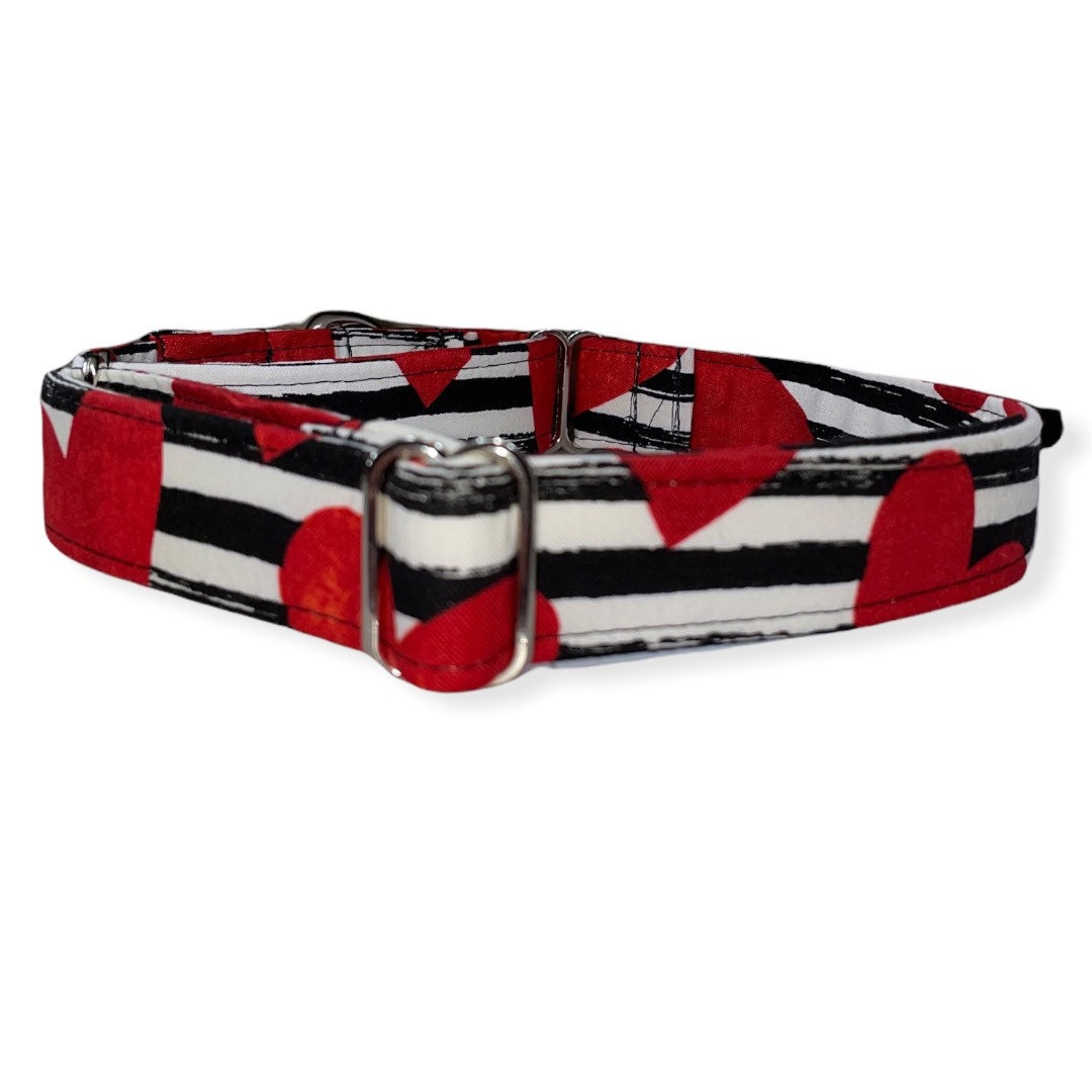 Hearts and Stripes Dog Collar- Martingale- Quick Release- No Buckle Slide- Leash- Handmade Dog Collars