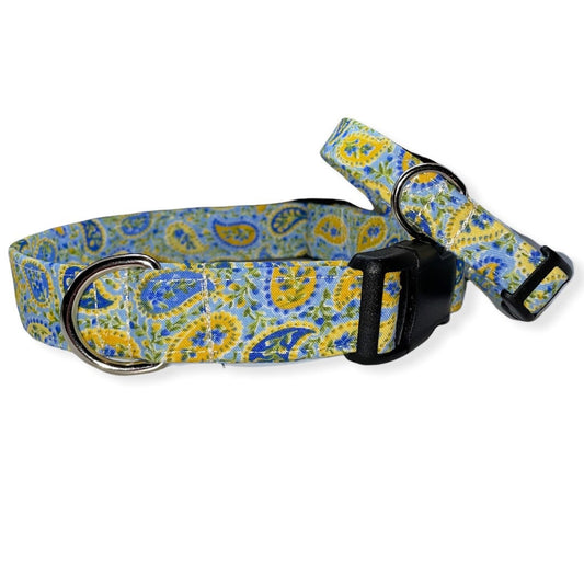 Blue and Yellow Paisley Dog Collar- Martingale- Quick Release- No Buckle Slide- Leash- Handmade Dog Collars