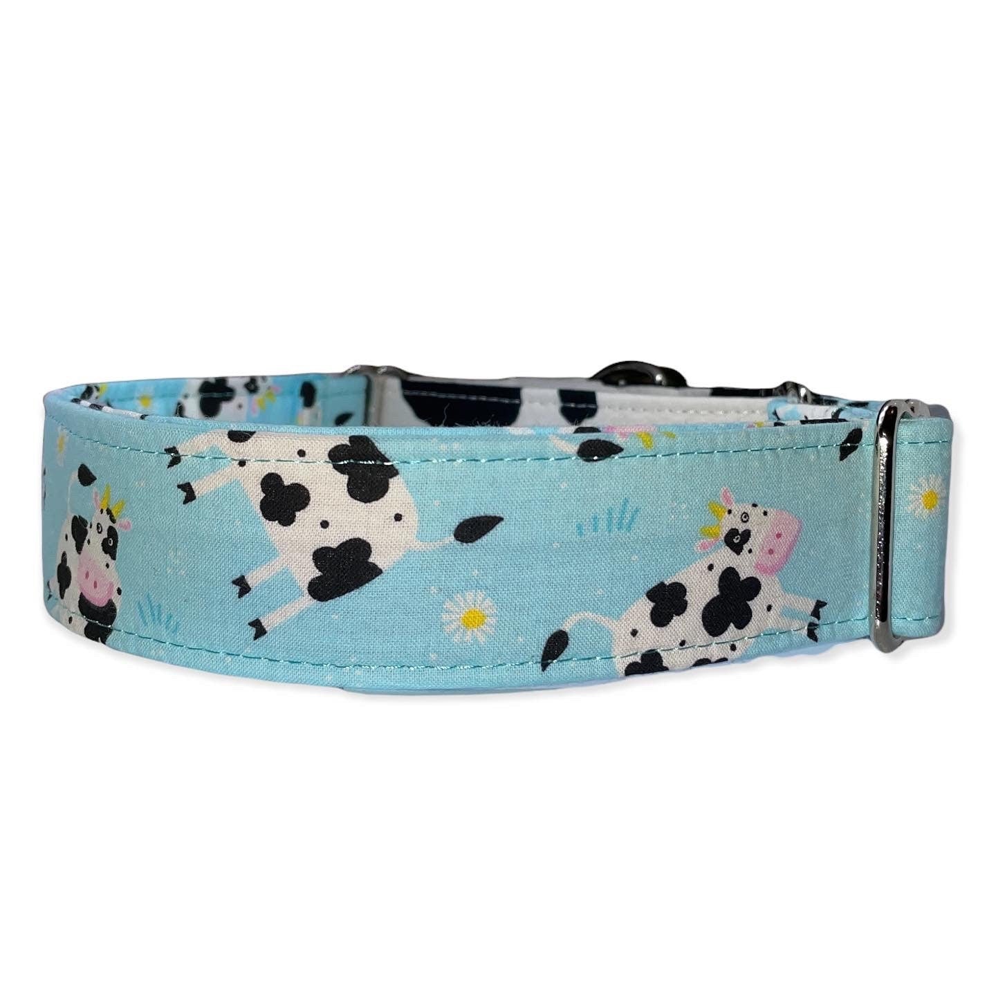 Spring Cow Dog Collar- Martingale- Quick Release- No Buckle Slide- Leash- Handmade Dog Collars