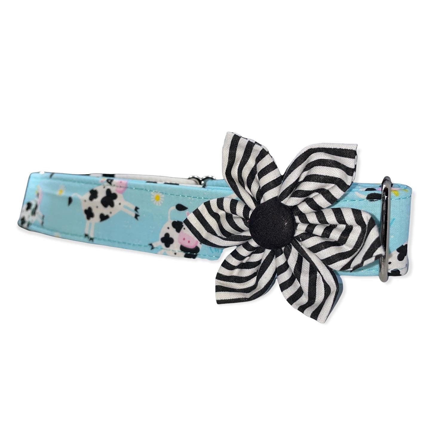 Spring Cow Dog Collar- Martingale- Quick Release- No Buckle Slide- Leash- Handmade Dog Collars