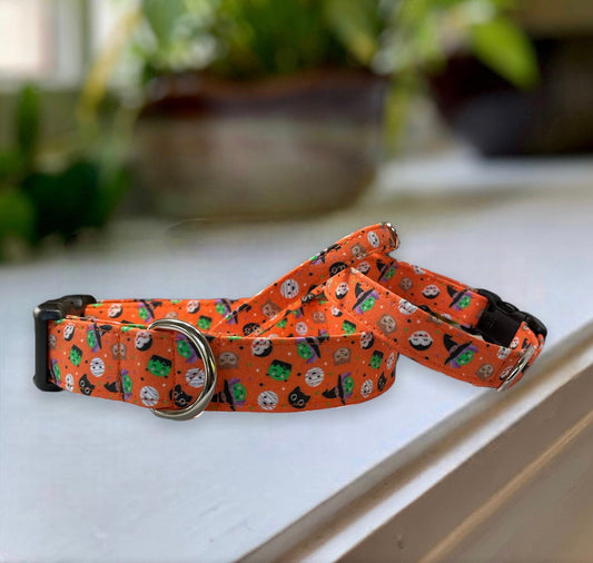 Halloween Mini’s Dog Collar- Martingale- Quick Release- No Buckle Slide- Leash- Handmade Dog Collars