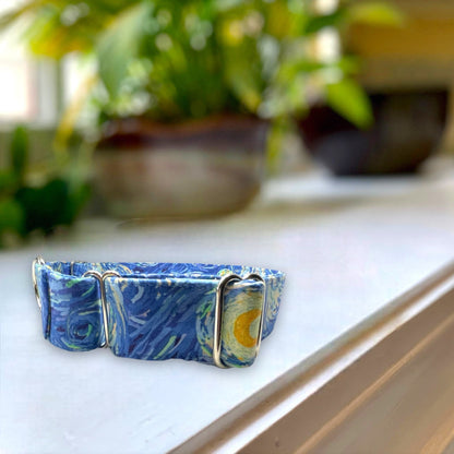 Starry Night Dog Collar- Martingale- Quick Release- No Buckle Slide- Leash- Handmade Dog Collars