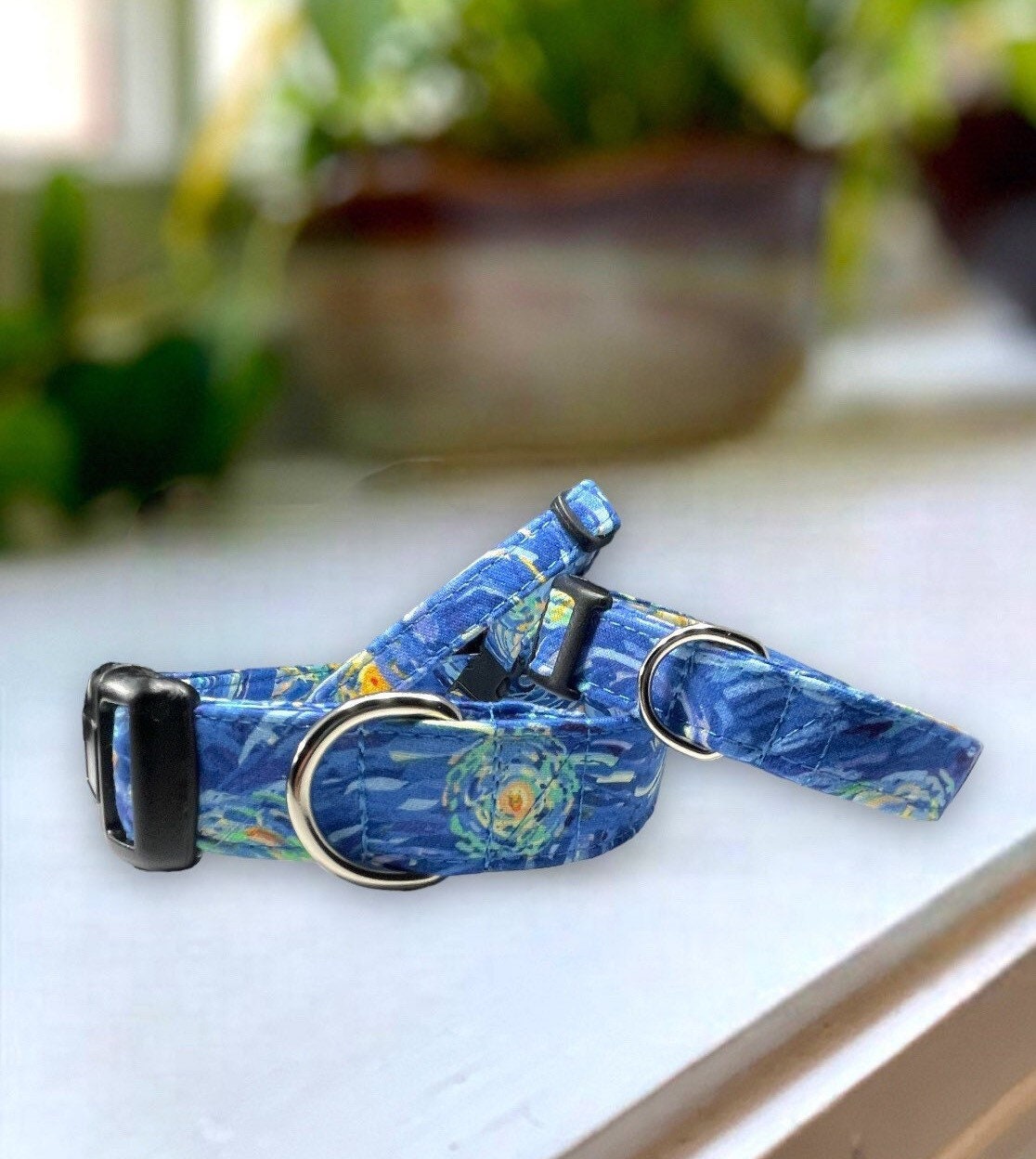 Starry Night Dog Collar- Martingale- Quick Release- No Buckle Slide- Leash- Handmade Dog Collars