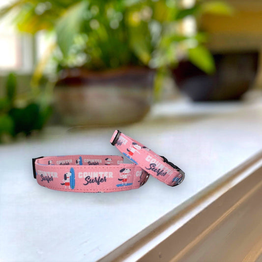 Counter Surfer in Pink Dog Collar- Martingale- Quick Release- No Buckle Slide- Leash- Handmade Dog Collars