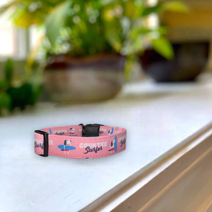 Counter Surfer in Pink Dog Collar- Martingale- Quick Release- No Buckle Slide- Leash- Handmade Dog Collars