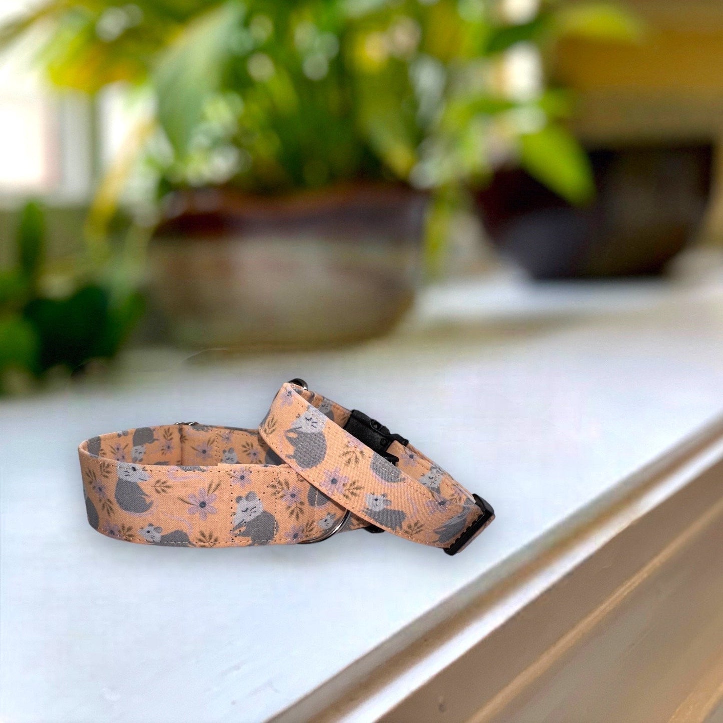 Peachy Opossum Dog Collar- Martingale- Quick Release- No Buckle Slide- Leash- Handmade Dog Collars