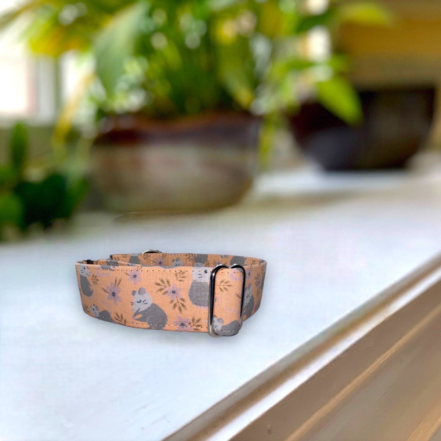 Peachy Opossum Dog Collar- Martingale- Quick Release- No Buckle Slide- Leash- Handmade Dog Collars