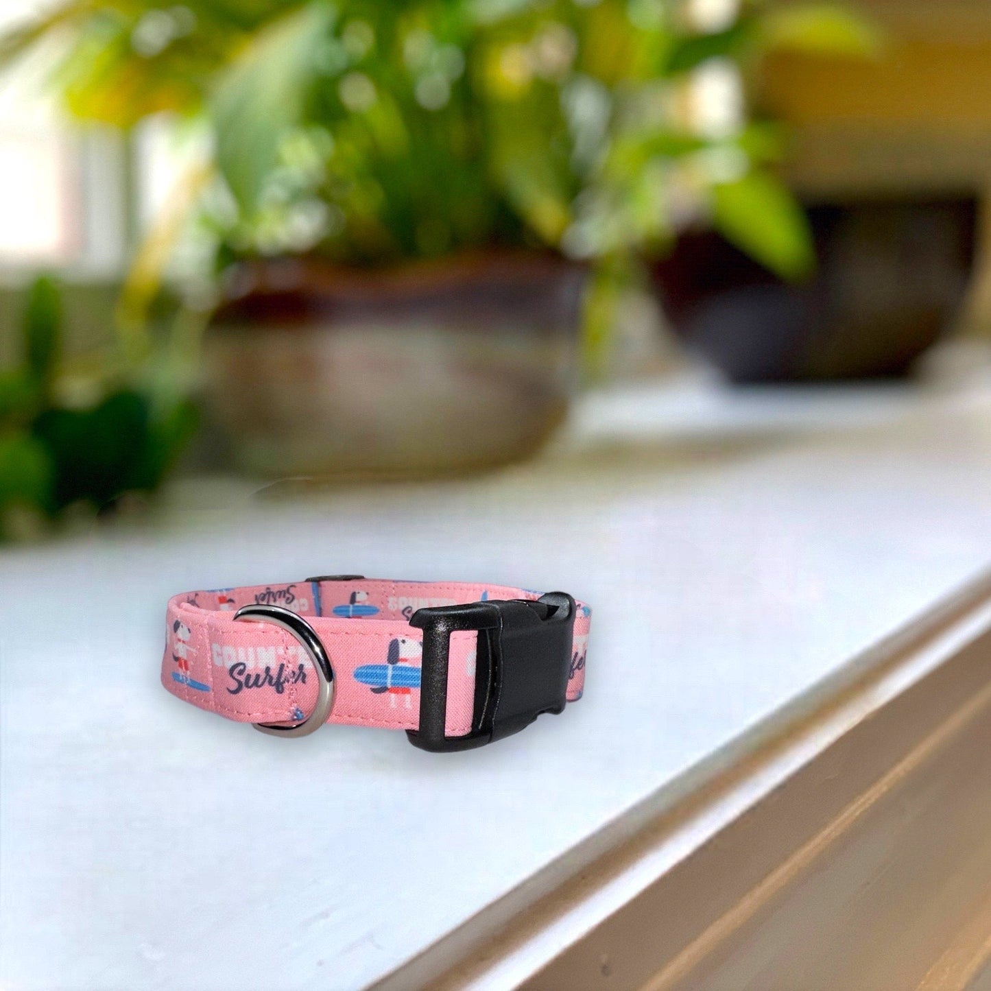 Counter Surfer in Pink Dog Collar- Martingale- Quick Release- No Buckle Slide- Leash- Handmade Dog Collars